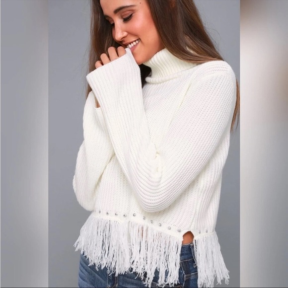 Lulus Freethinker Cream Studded Fringe Cropped Turtleneck Sweater large - Picture 13 of 15